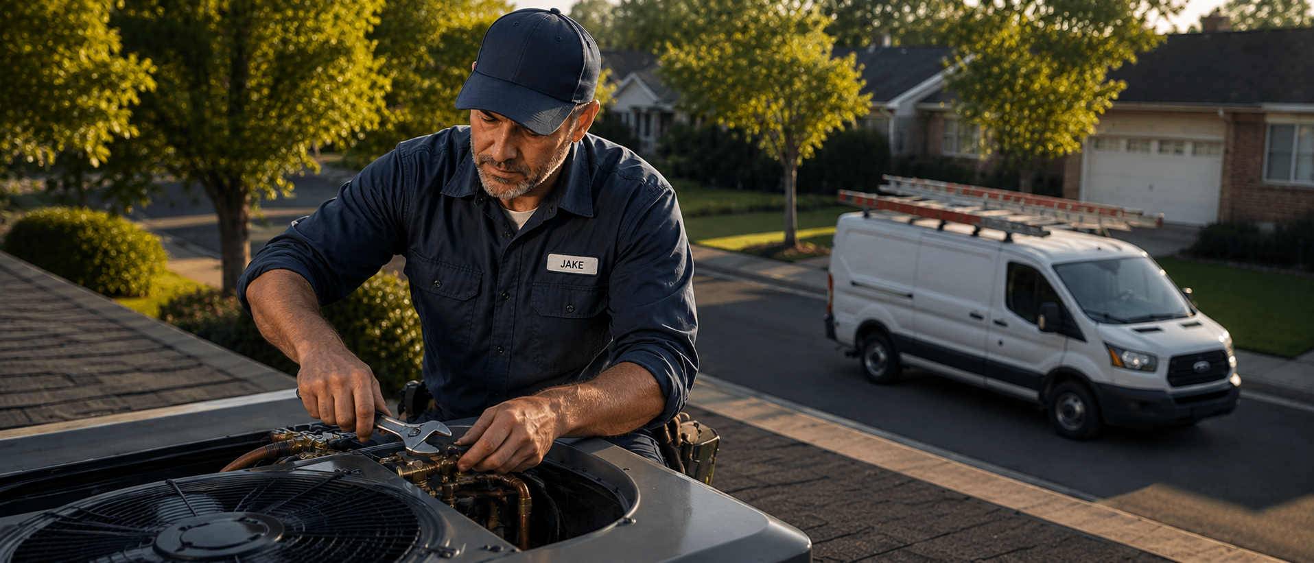 An HVAC contractor reviewing a clipboard at a worksite