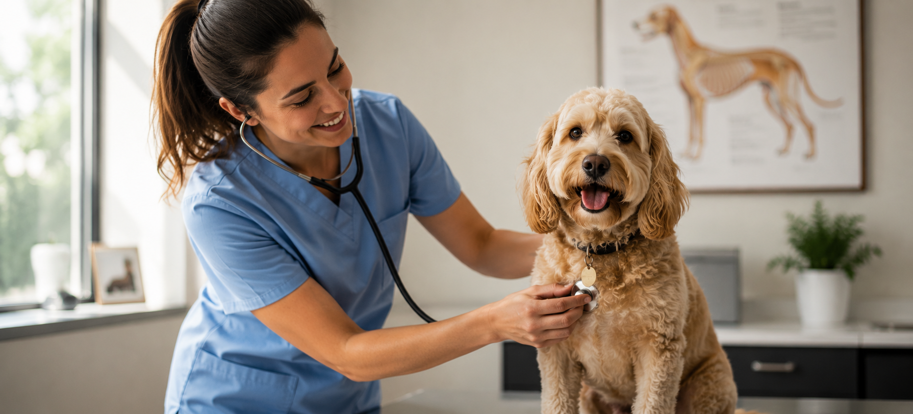 A veterinarian examining a labradoodle in a clinic